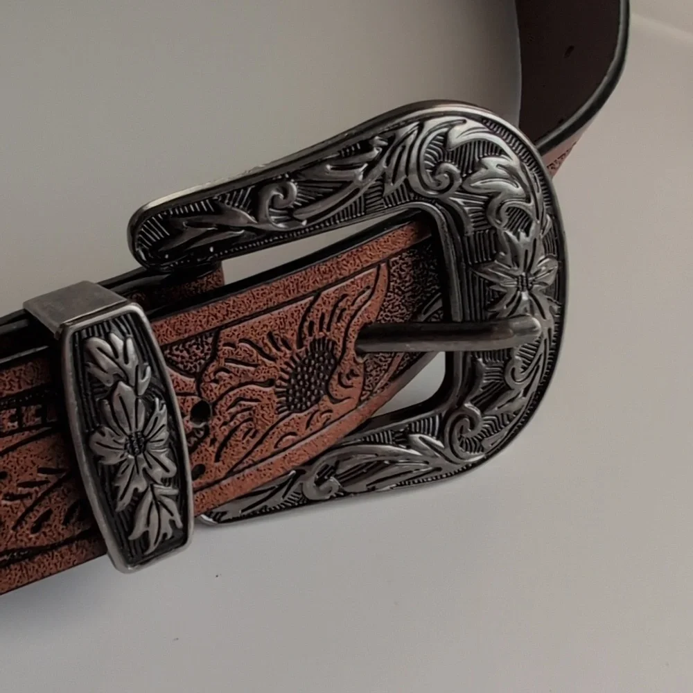 Brown Embossed Faux Leather Pleather Cowgirl Cowboy Western Tooled Belt